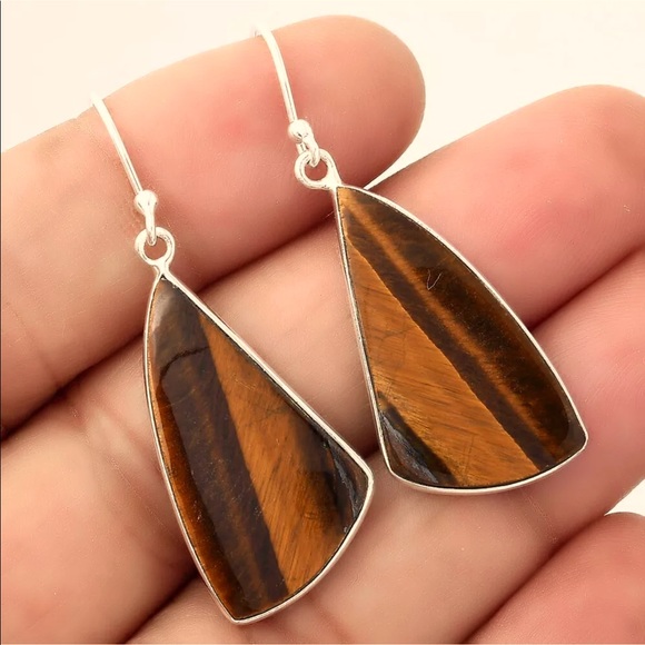 Earth Art hand crafted artisan Jewelry - Tigers eye sterling silver earrings